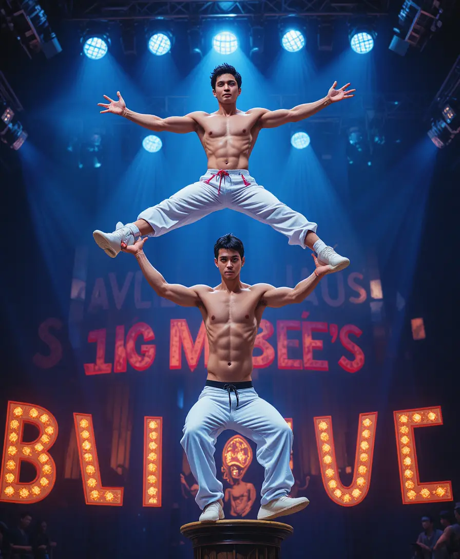 Two acrobatic performers balancing in a spotlight on stage