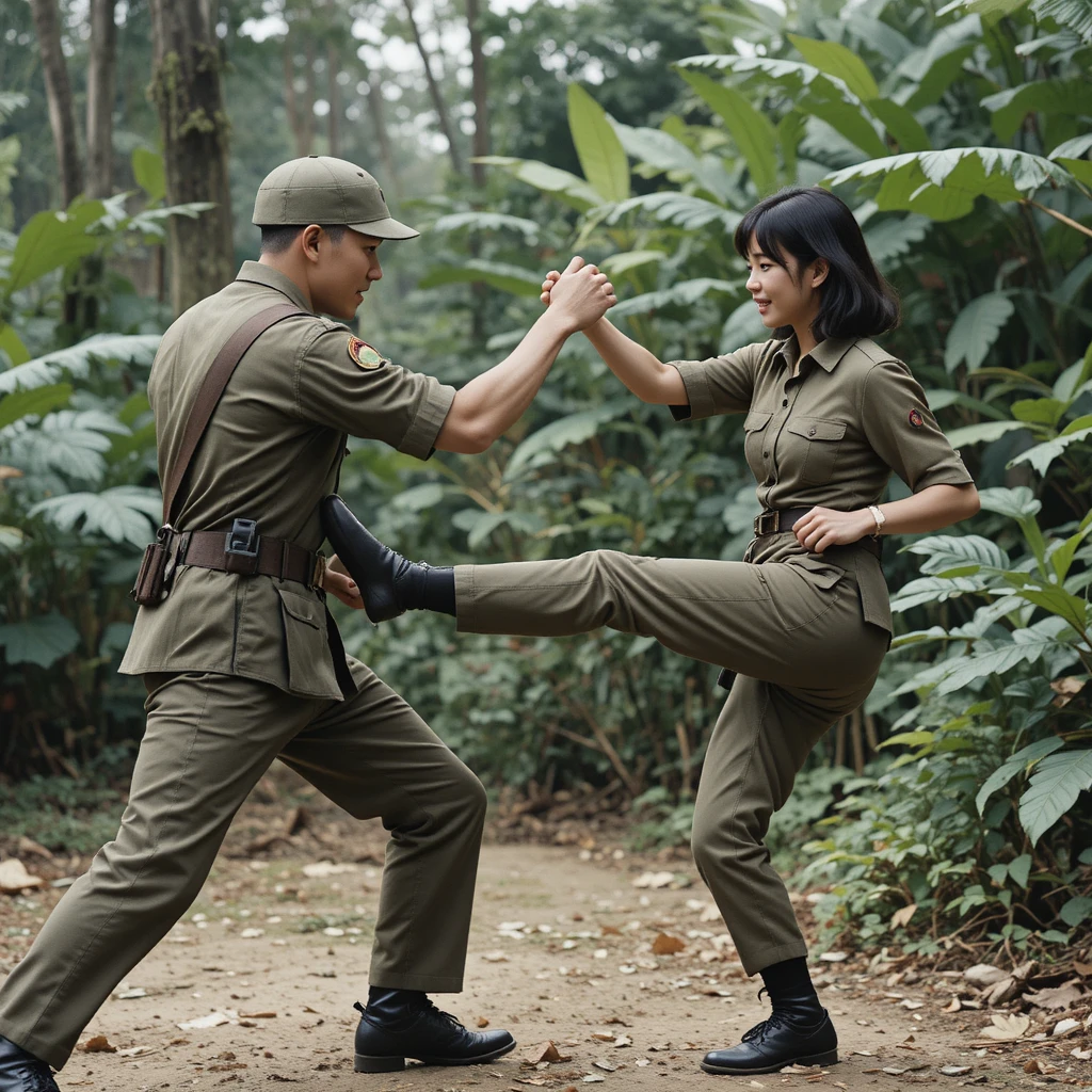 Playful hand to hand combat between vietnamese soldiers in jungle
