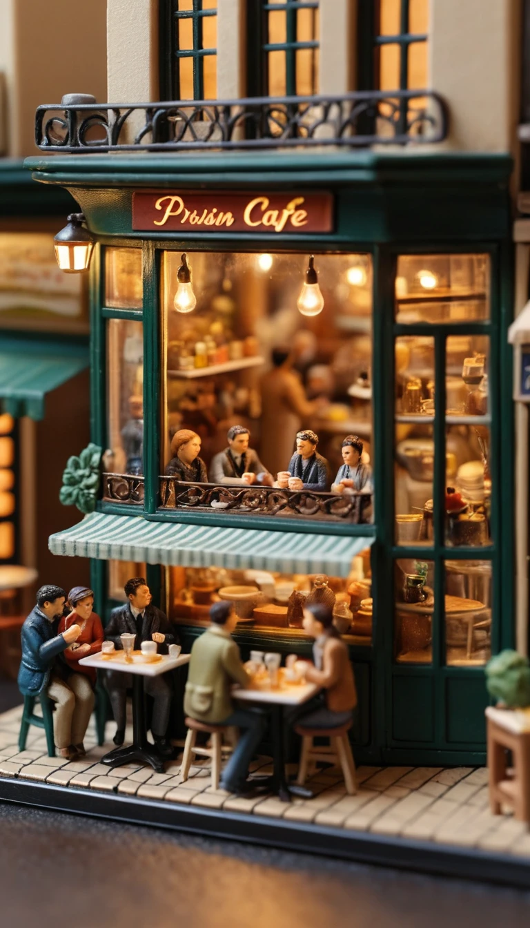 Accogliente diorama in miniatura di persone riunite in un caffè parigino