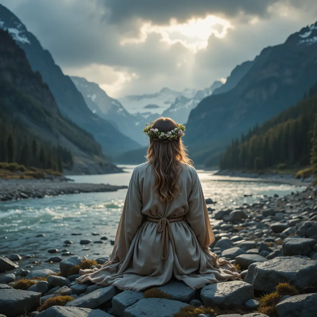 Solitary figure by a glacial river in misty mountains