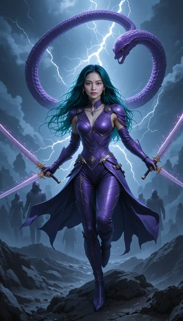Fierce green haired warrior leaping through stormy lightning sky