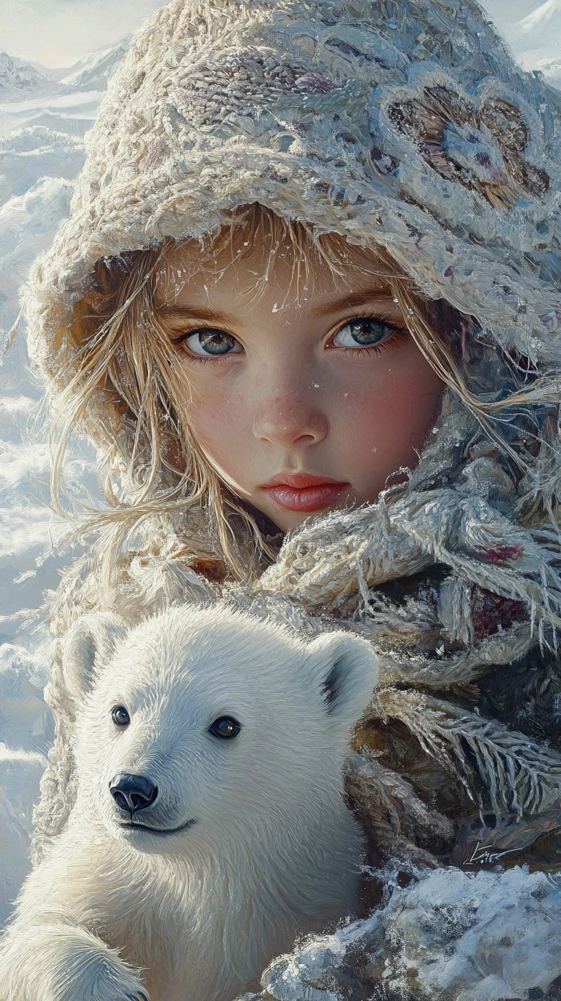 Young girl and baby polar bear in snowy mountains