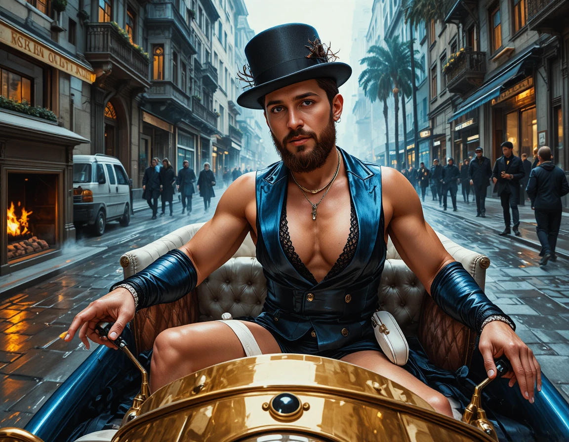 Homme barbu en costume noir conduisant une voiture de ville vintage