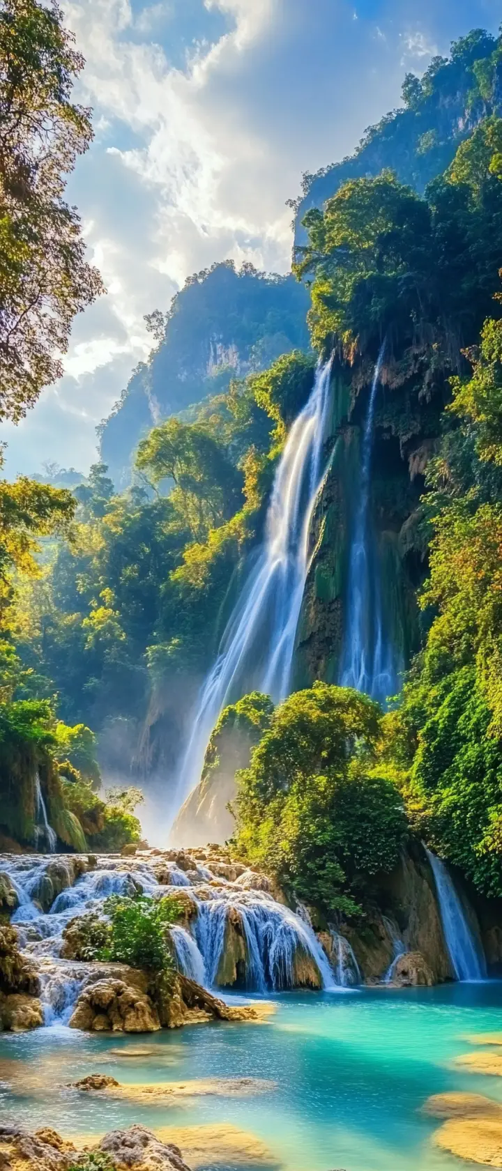 Turquoise Waterfall In Lush Laotian Jungle At Kuang Si