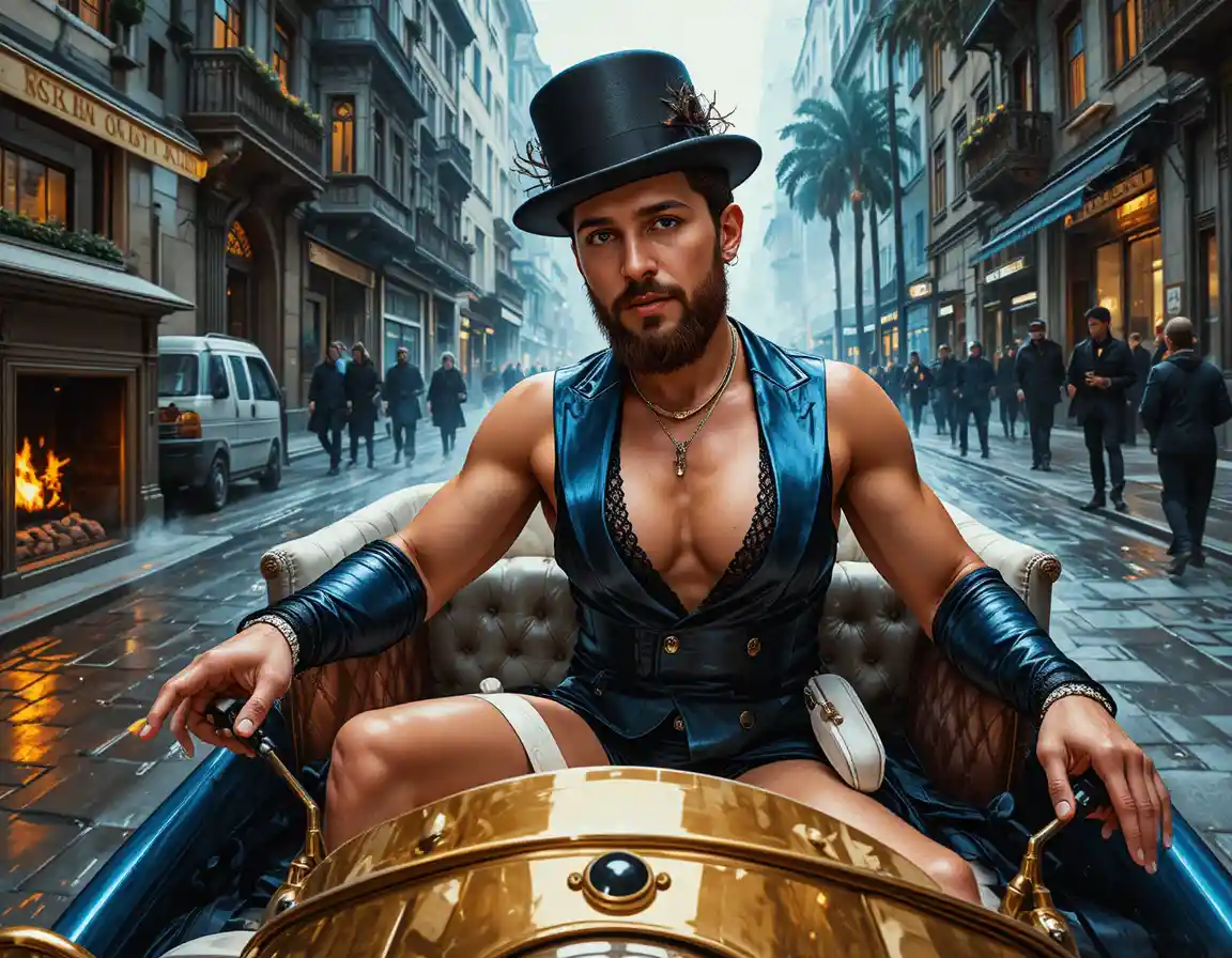 Bearded man in black suit driving a vintage city car