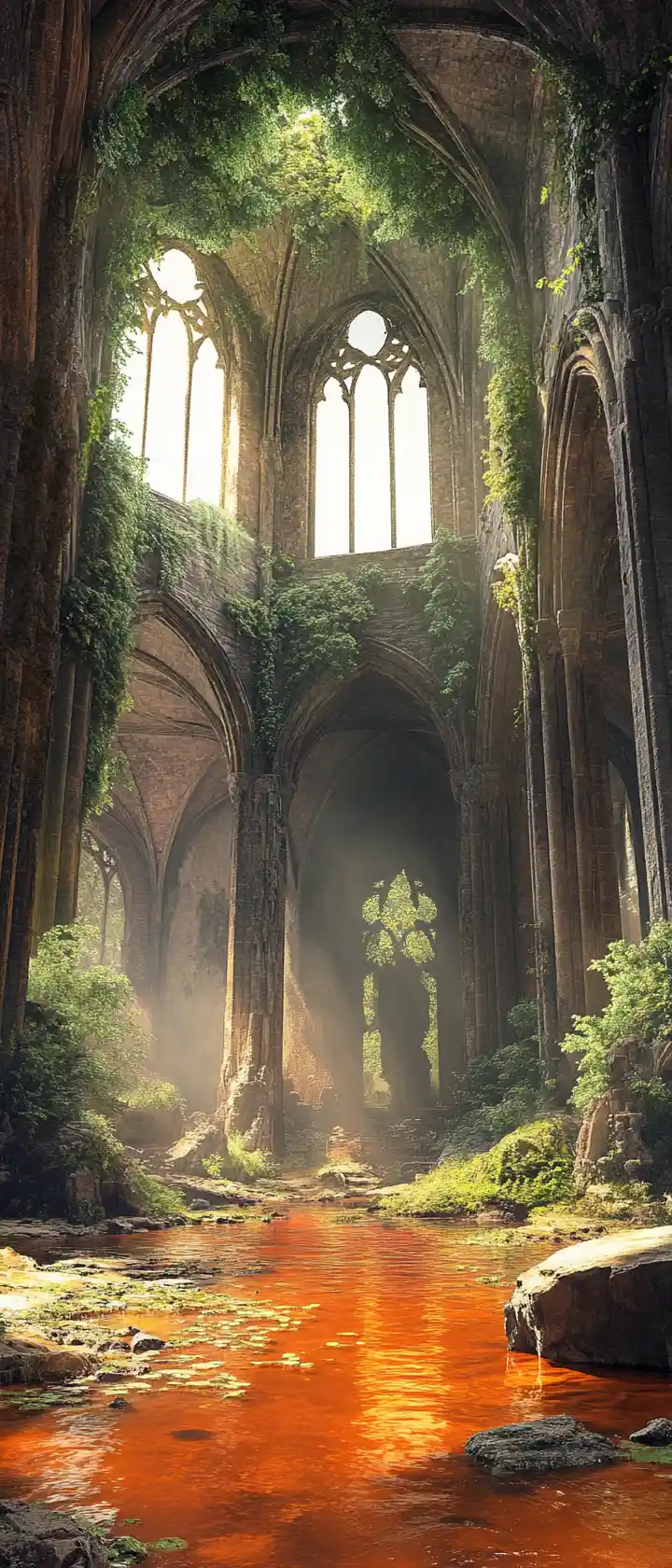Ethereal cathedral interior entwined with lush green nature