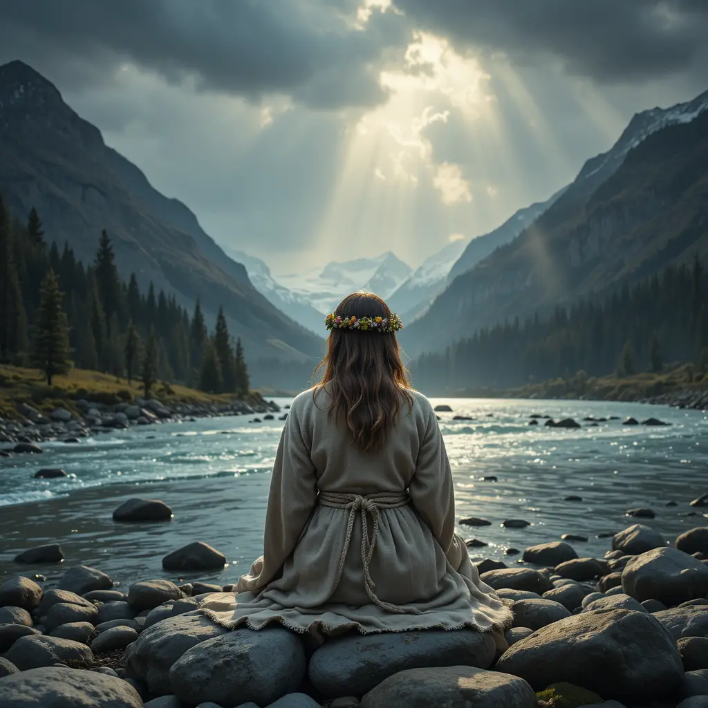 Woman in robes gazing over glacial river valley