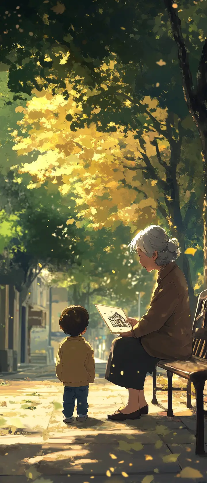 Ragazza anime e donna anziana che condividono un momento nostalgico sulla panchina
