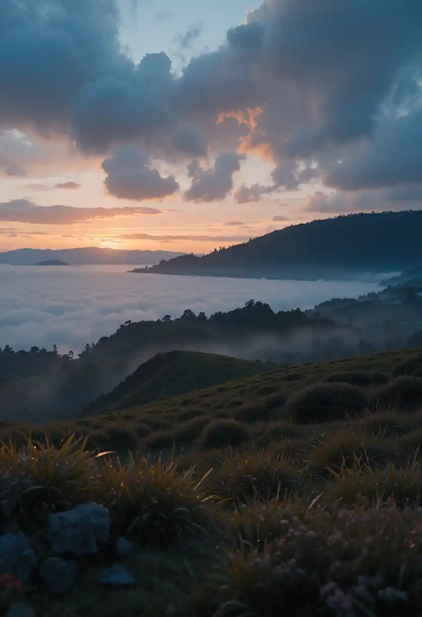 Amanecer pacífico sobre campos costeros en la isla de San Juan