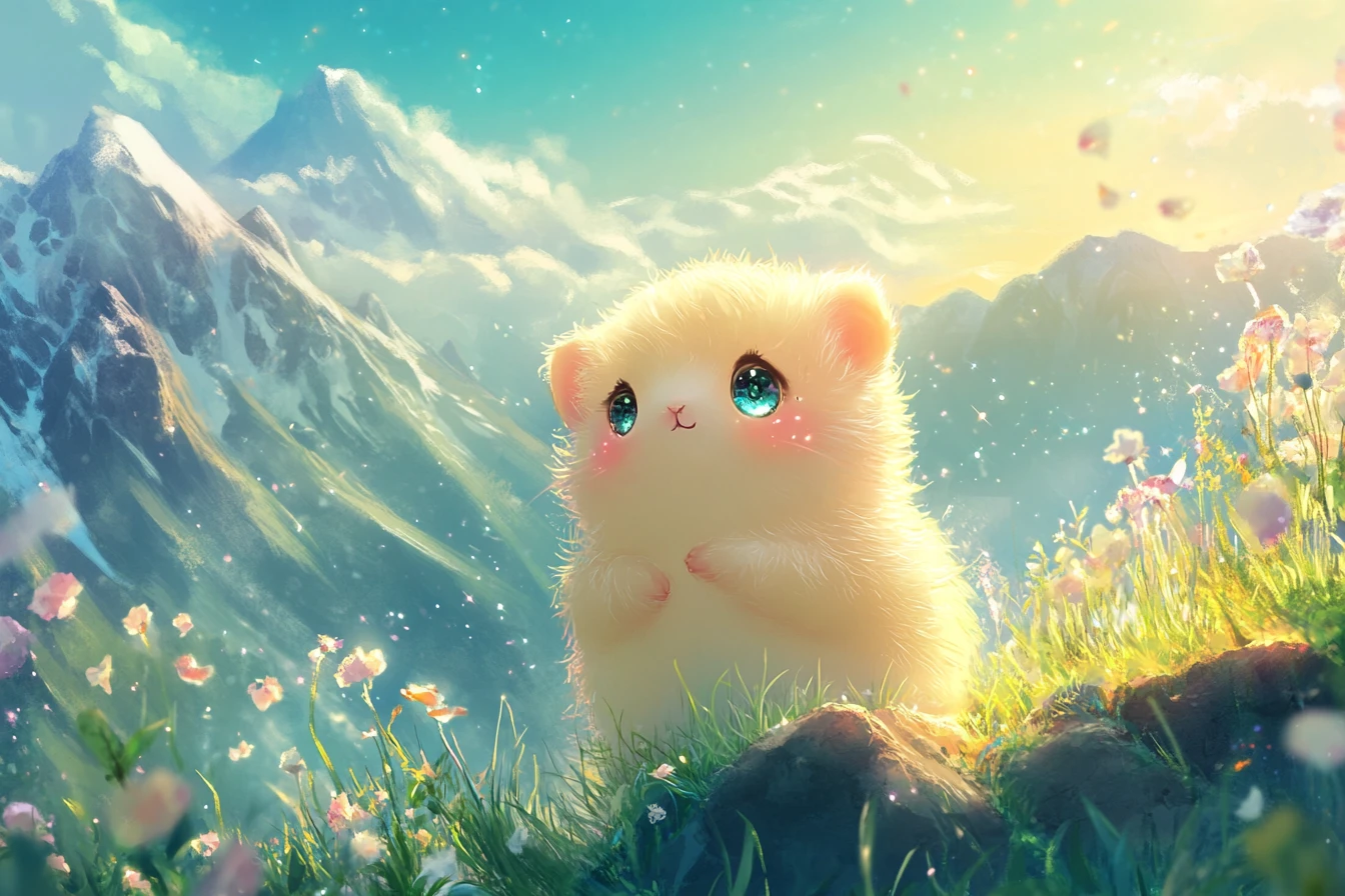 Marmotta chibi kawaii che fischia in un prato magico