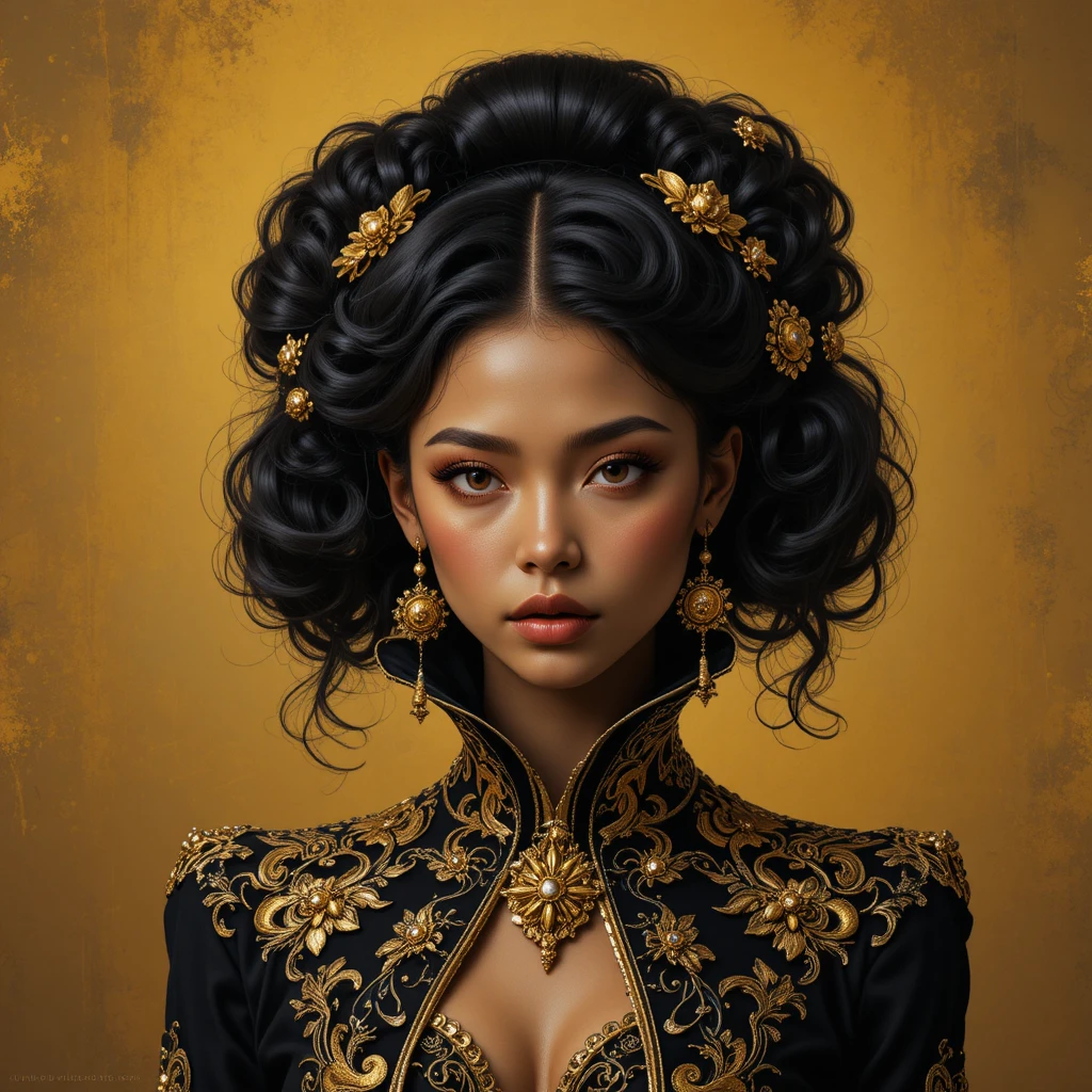 Regal young woman with ornate gold hair accessories