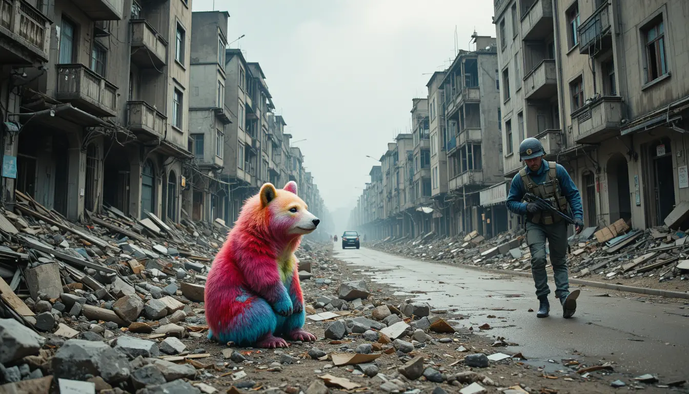 Colorful teddy bear in ruins of urban war zone