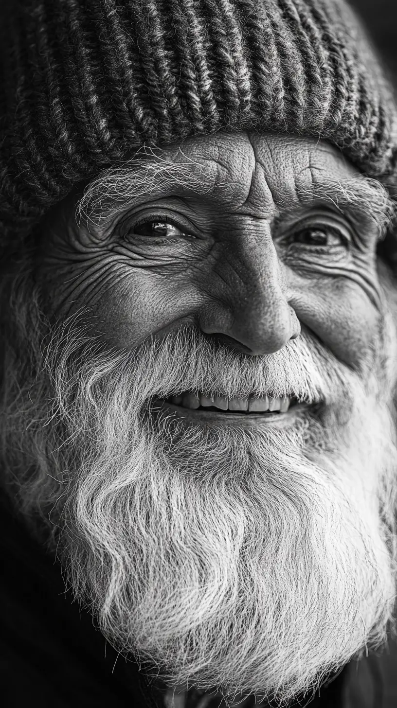 Black and white close up portrait of smiling old man
