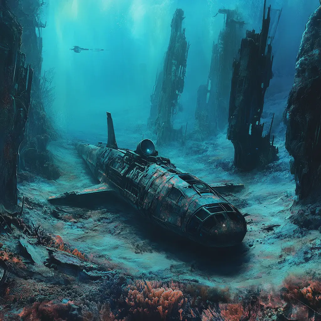 Submersible Wreck Beside Alien Skeletons On The Ocean Floor
