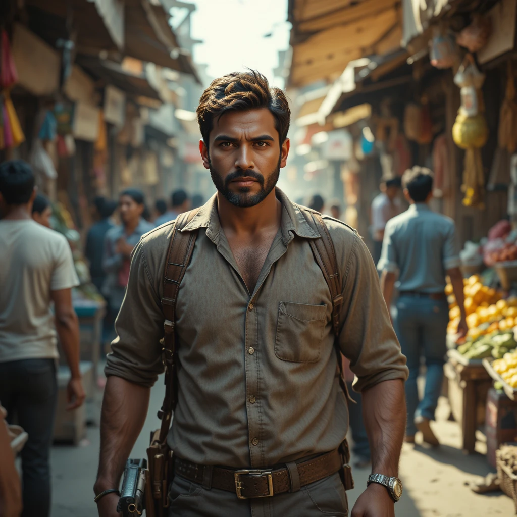 Man With Gun Walking Through Crowded Indian Street Market