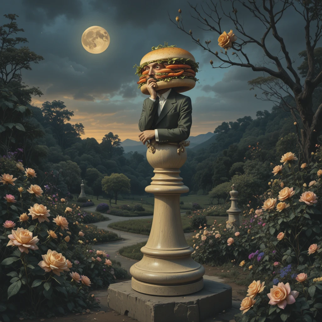 Surreal sandwich headed philosopher on a giant chess piece