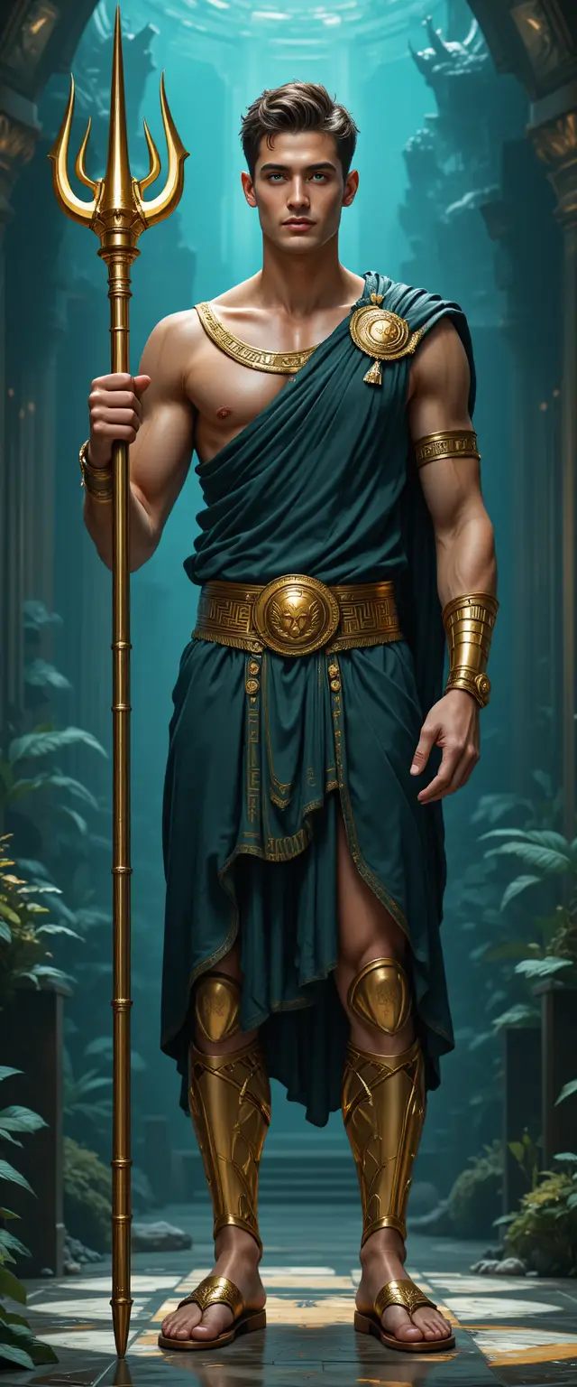 Triton god with golden trident in Poseidons undersea palace