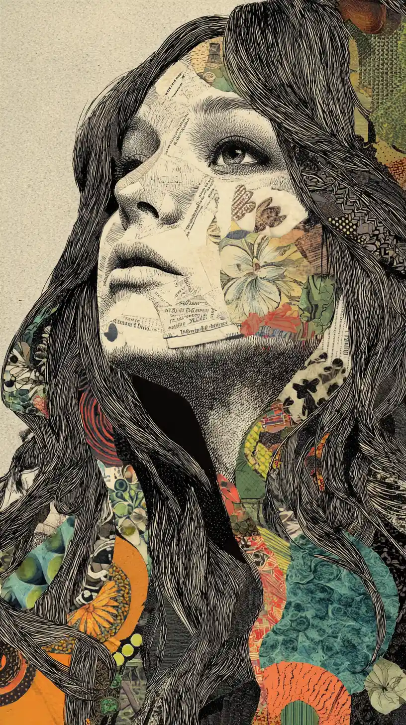 Dreamy long haired girl in whimsical collage illustration