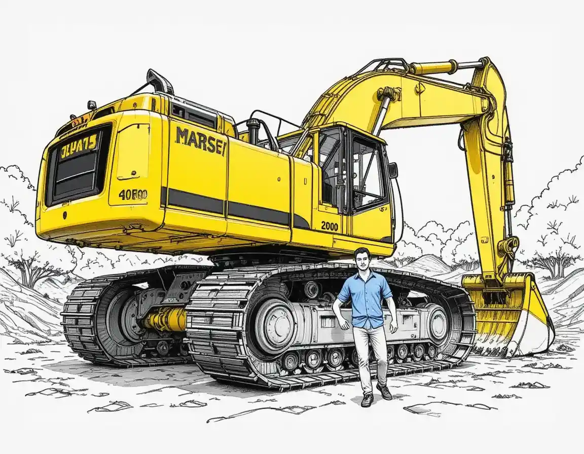 Large yellow excavator with worker on outdoor construction site