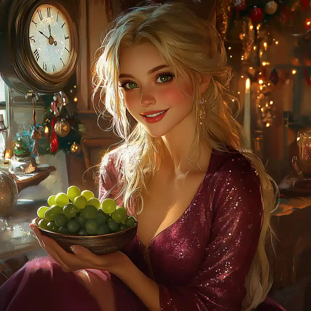 Young woman with grapes in a cozy christmas room