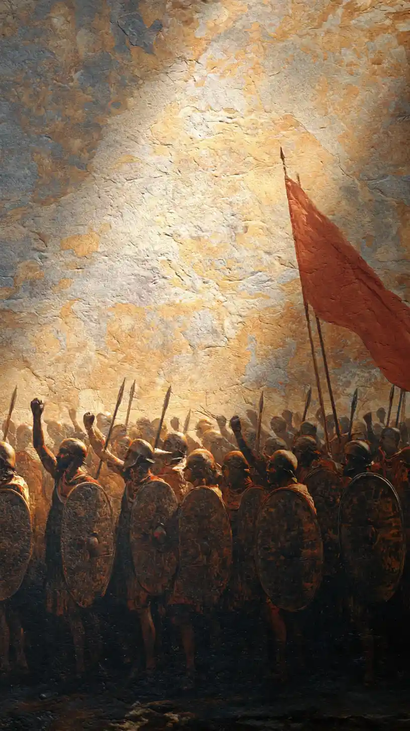 Soldados númidas forman un muro de escudos al amanecer en batalla