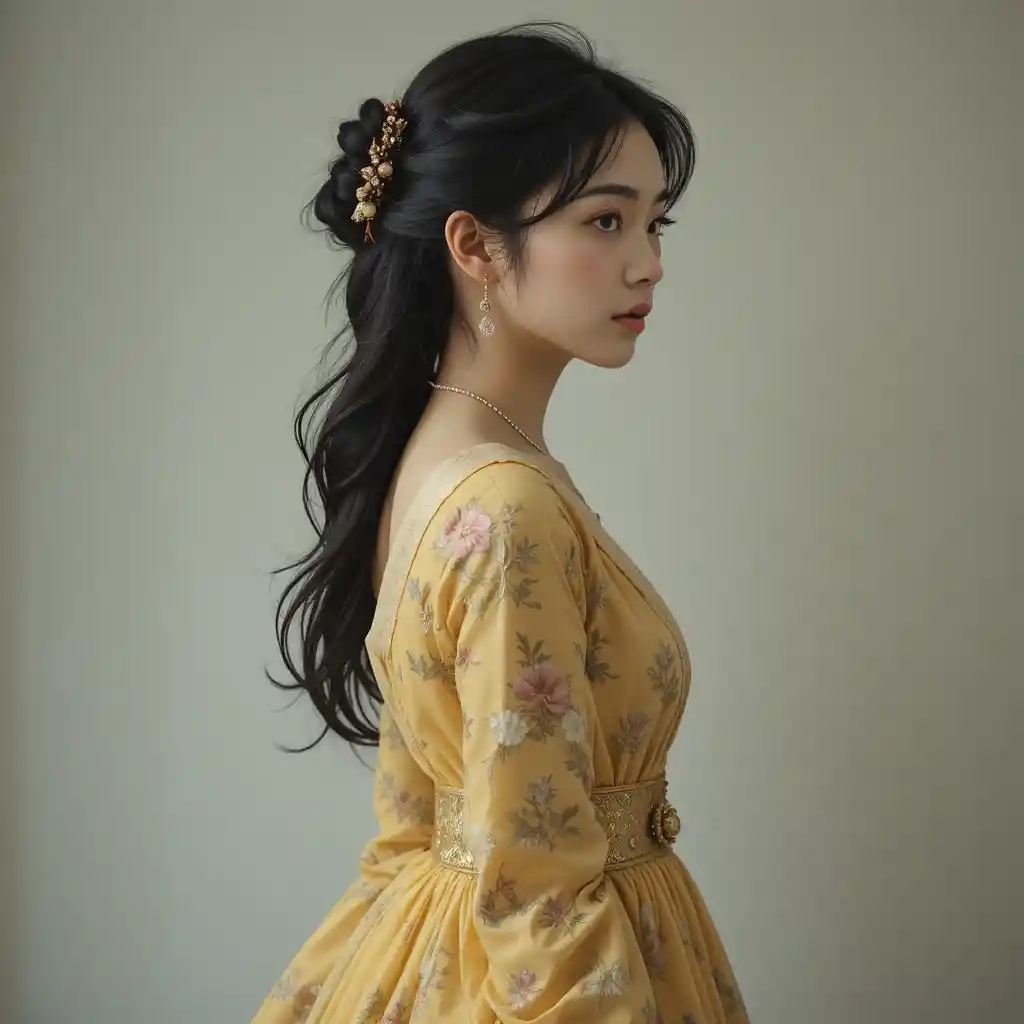 Young Asian woman in yellow floral dress portrait