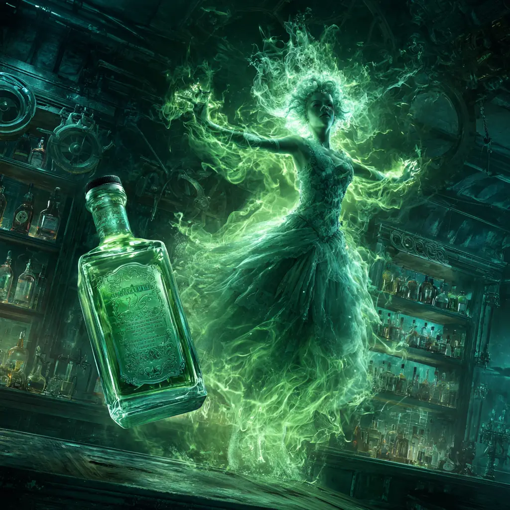 Sinister Green Fairy Rising From Splashing Absinth Bottle