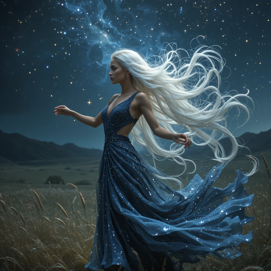 Graceful old woman dancing under starlight in a field