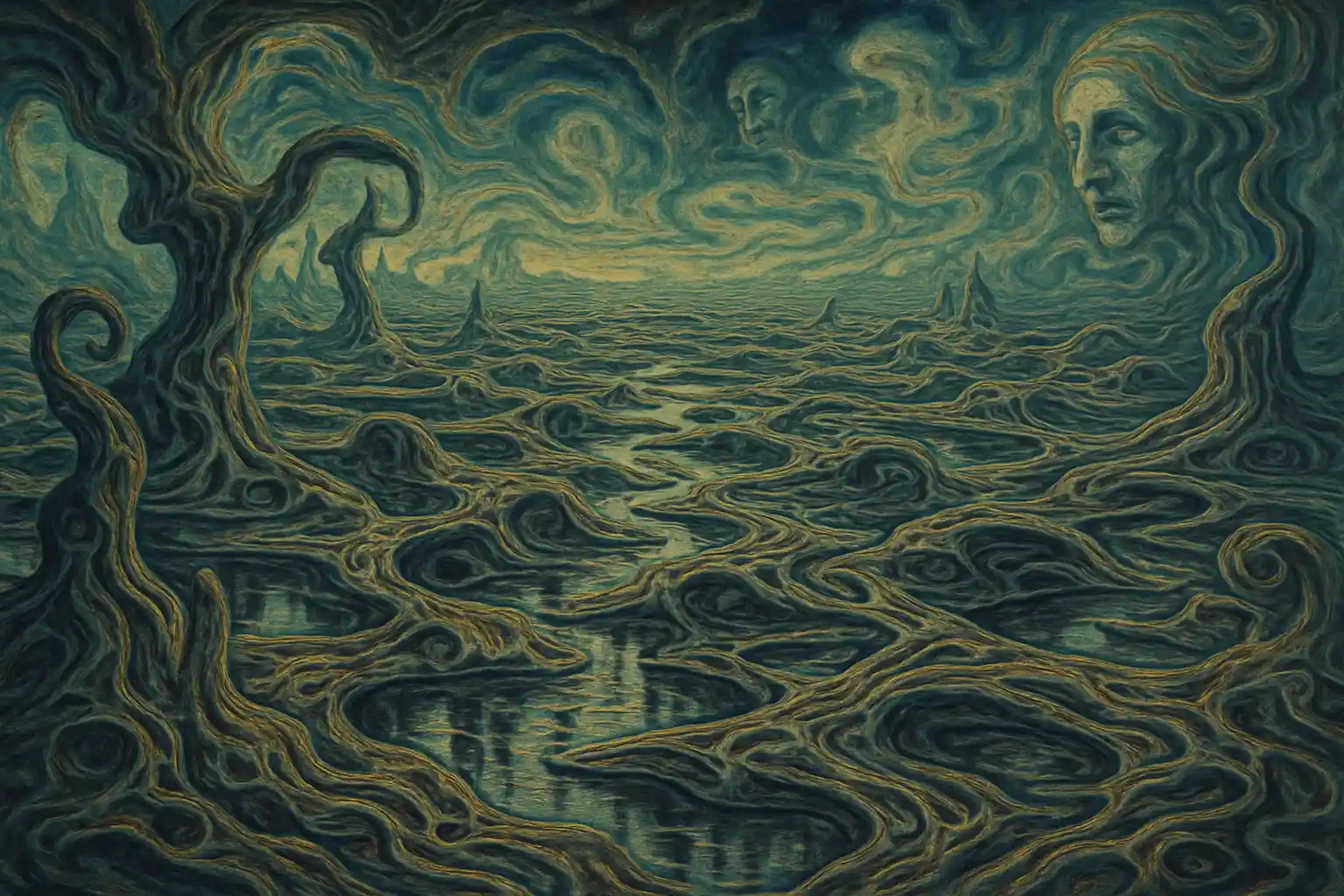 Surreal dreamscape of distorted fractal landscape and space