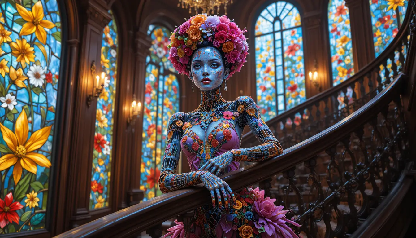 Floral cybernetic woman on a grand staircase in data light