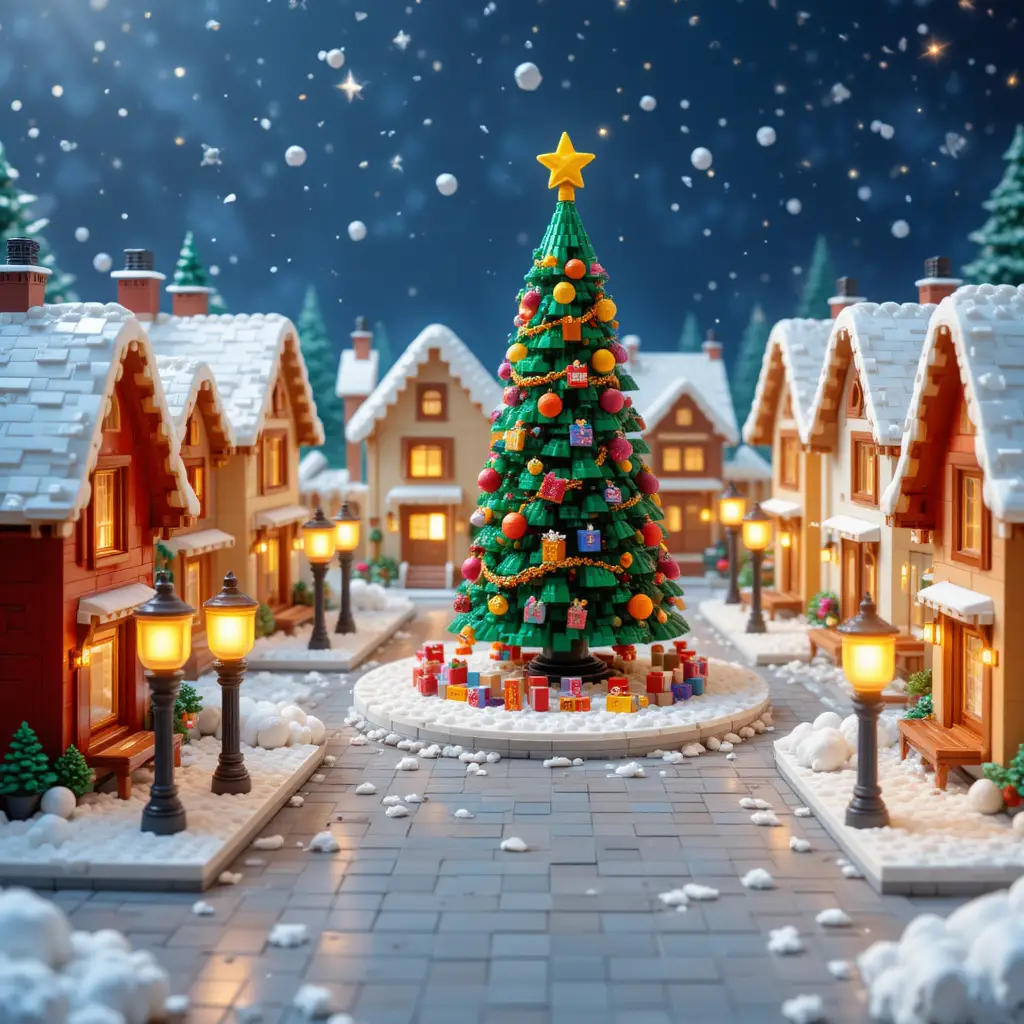 Cozy Lego Christmas village with snowy houses and tree