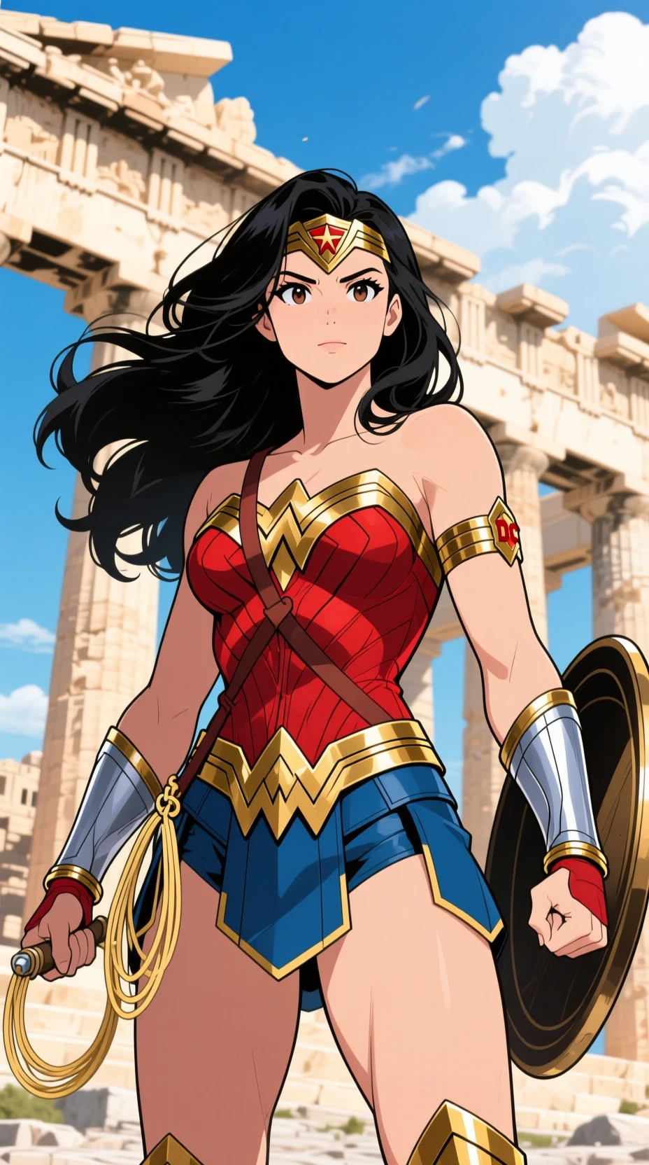 Anime warrior woman posing before an ancient temple