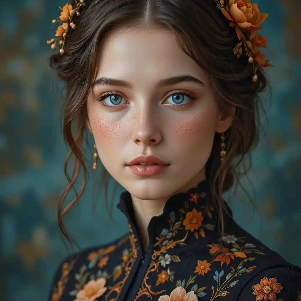 Porträt einer jungen Frau mit blauen Augen und floralen Details