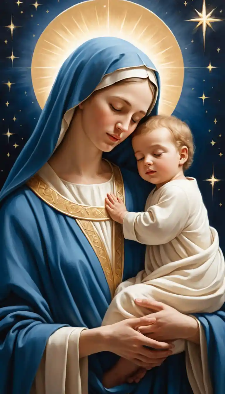 Maria segurando o Menino Jesus em uma pacífica noite de Natal