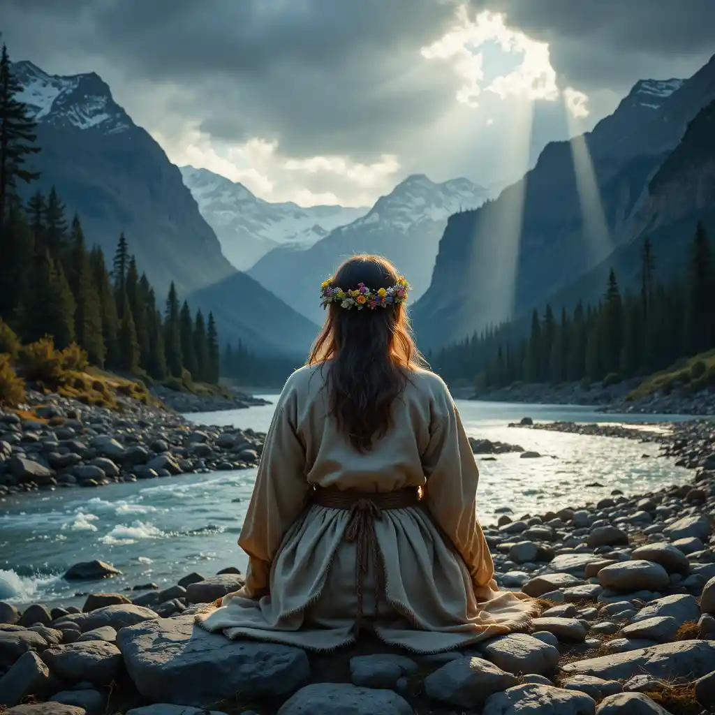 Figure on rocky riverbank facing misty alpine valley