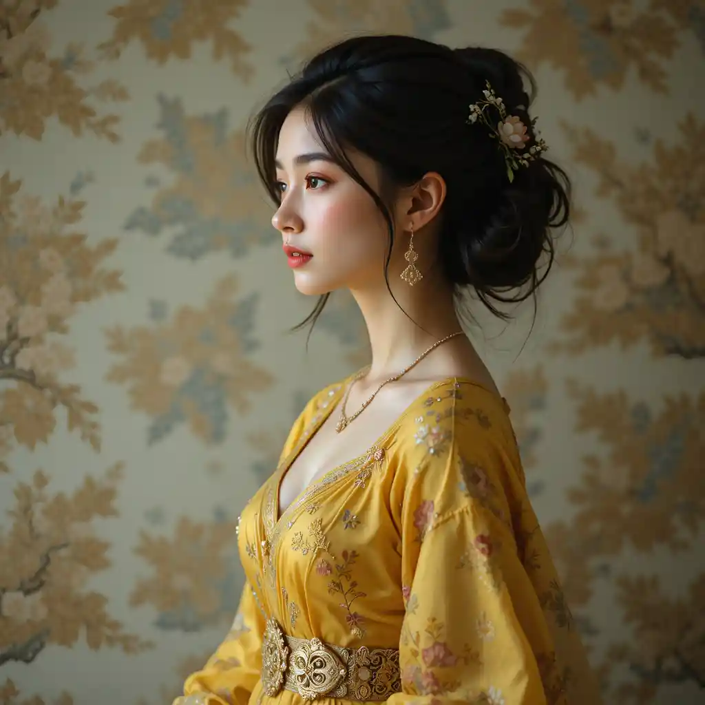 Thoughtful young woman in yellow floral dress portrait