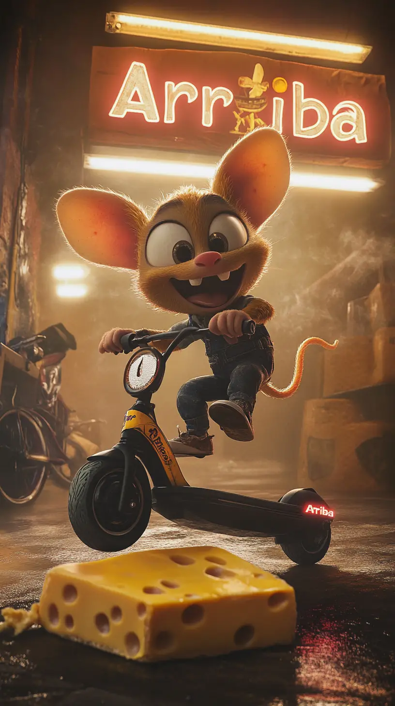 Cartoon mouse speeding on an e scooter crushing cheese