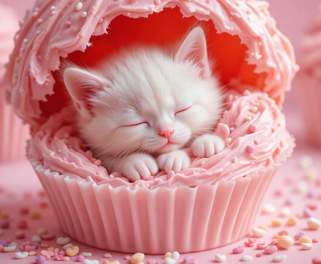 Chaton blanc duveteux dormant dans une caissette de cupcake rose