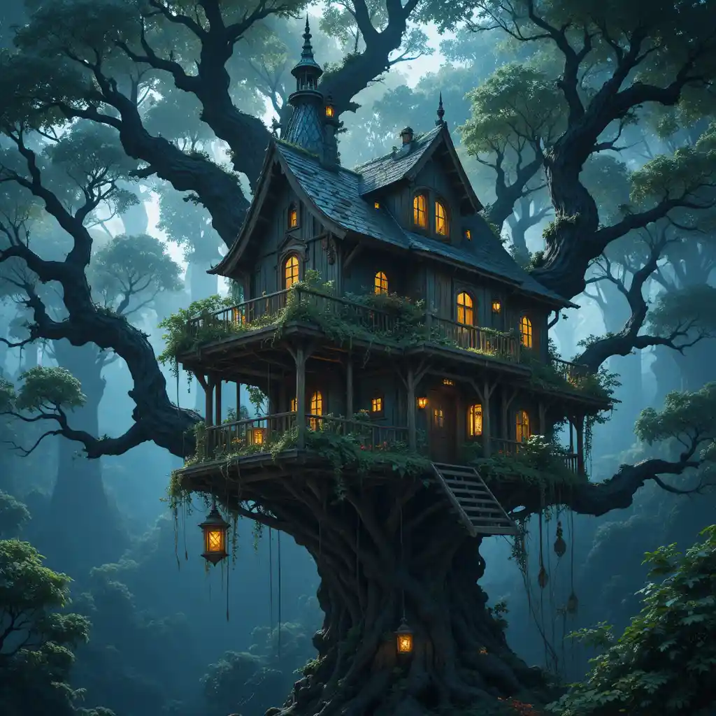 Magisches Baumhaus hoch in einem uralten leuchtenden Baum