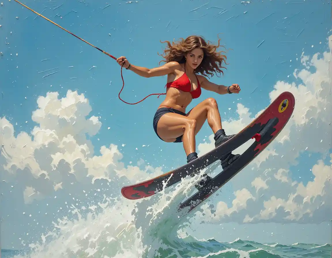 Athletic woman performing aerial trick on water skis