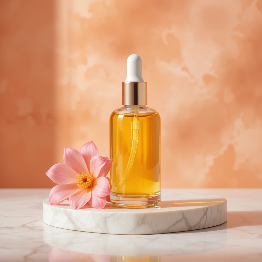 Glas-Pipettenflasche mit gelbem Serum und rosa Blume