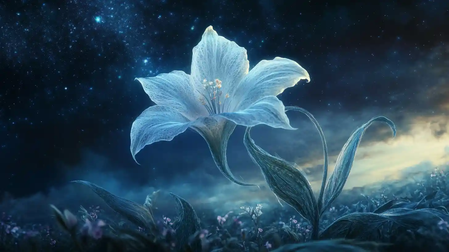 Ethereal flower under a misty starry midnight sky