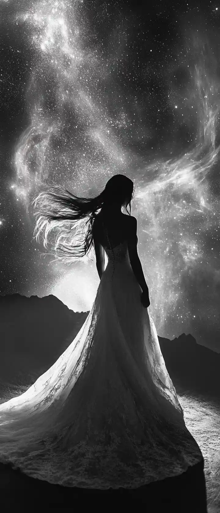 Bride silhouette against a cosmic night sky