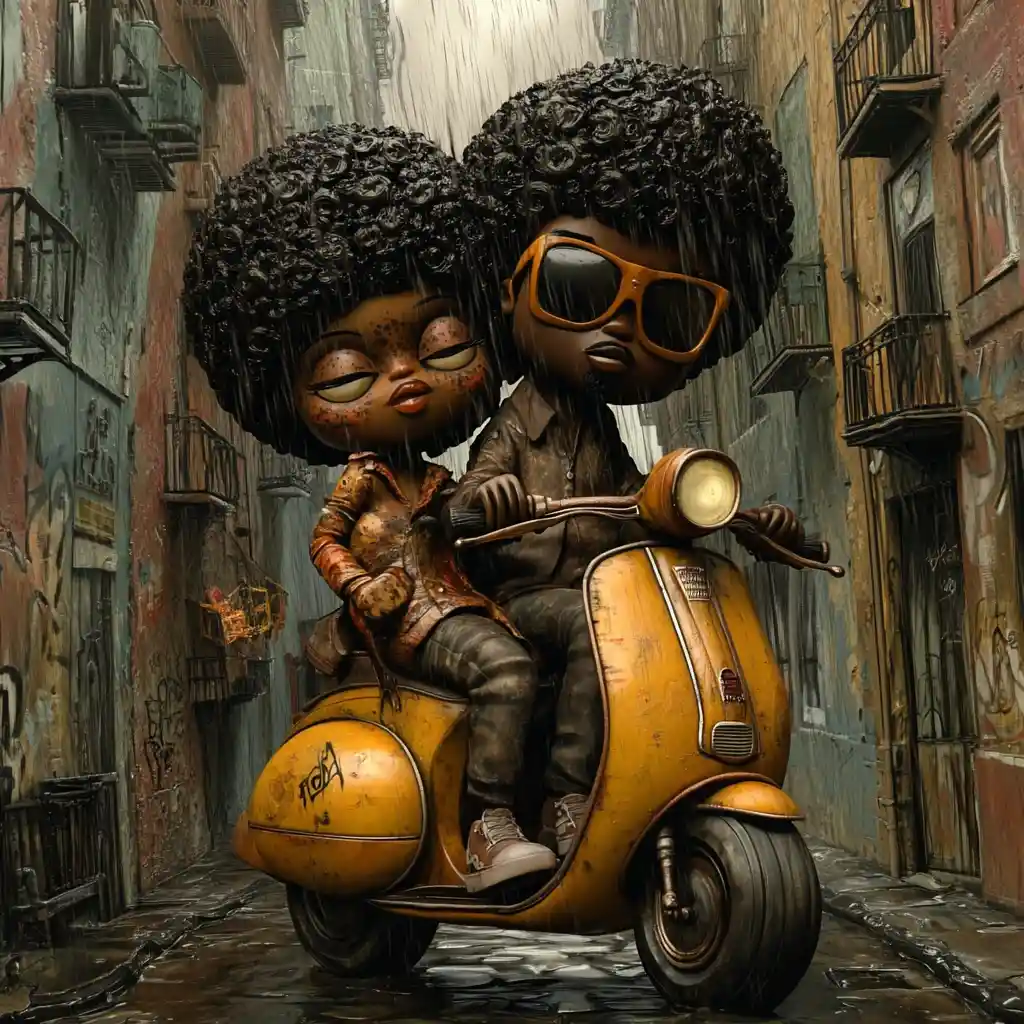 African American couple riding a moped through rainy city streets