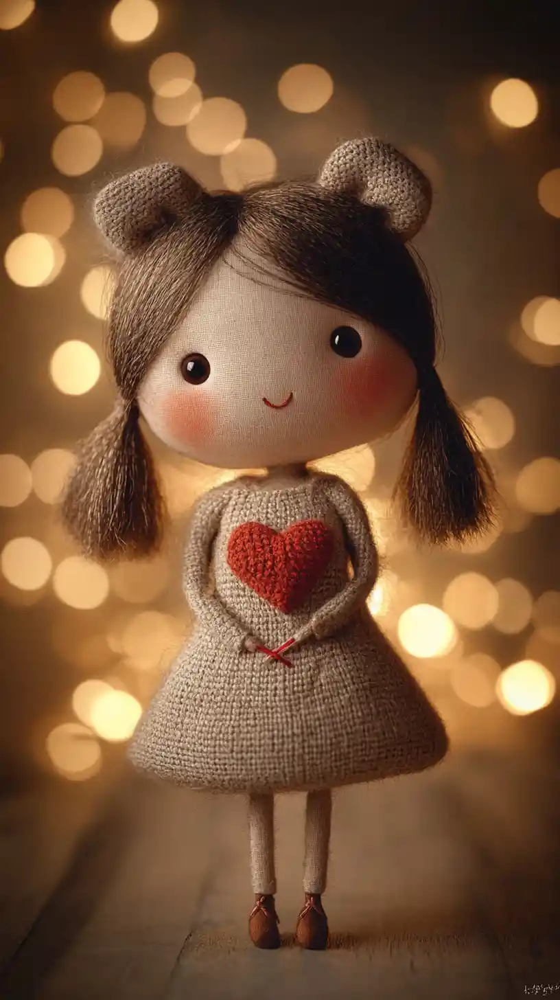 Handcrafted doll like girl in warm cozy storybook scene