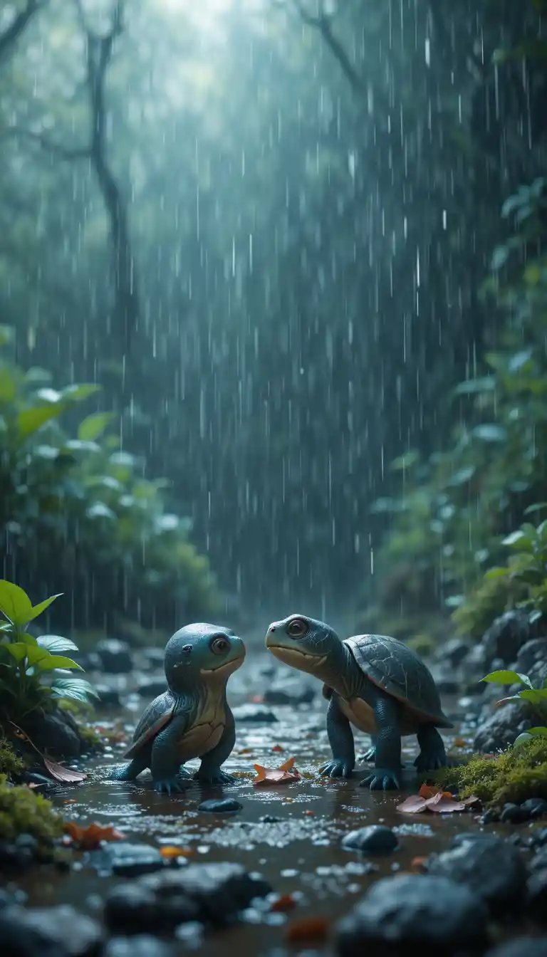 Deux petites tortues mignonnes debout ensemble sous la pluie