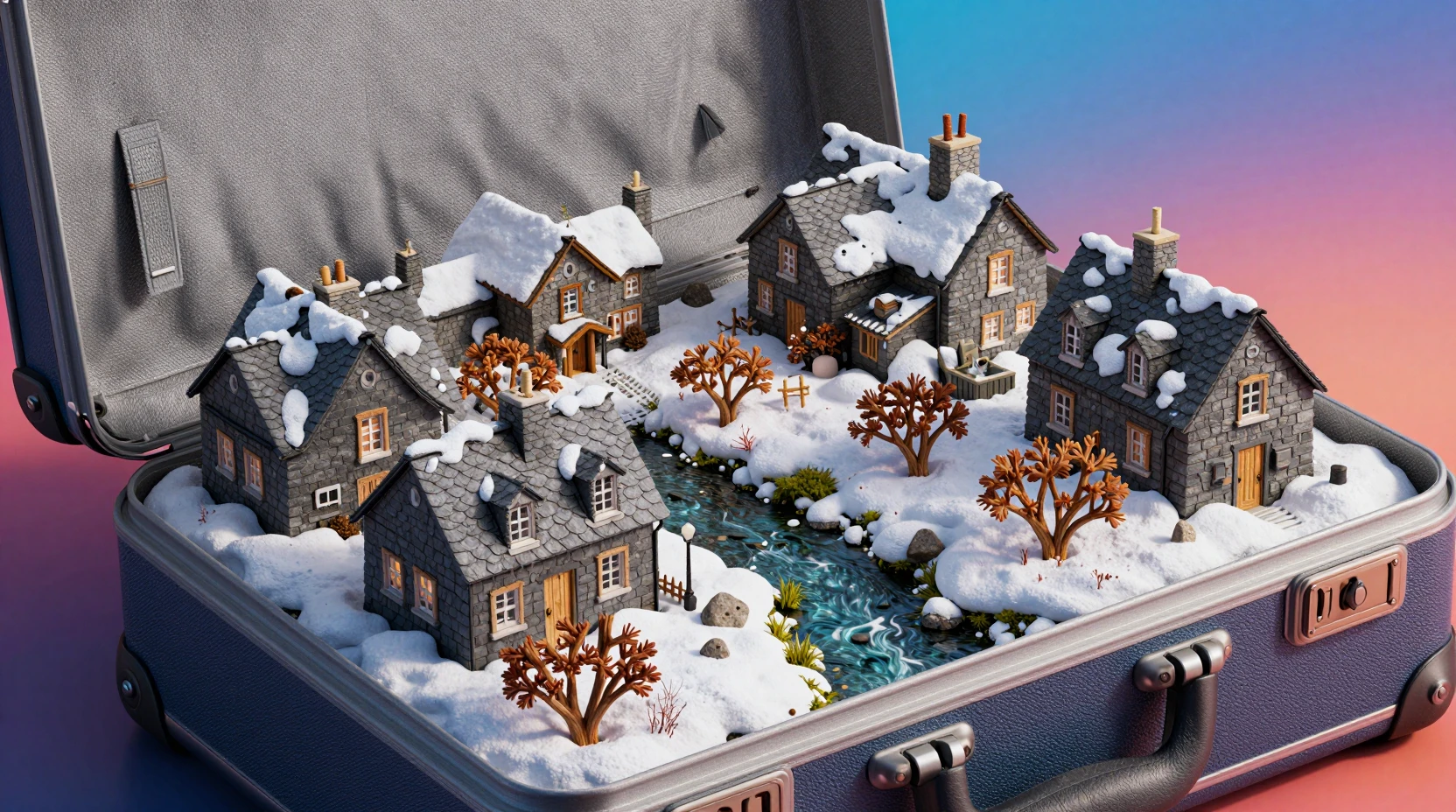 Open suitcase revealing a snowy miniature village world inside