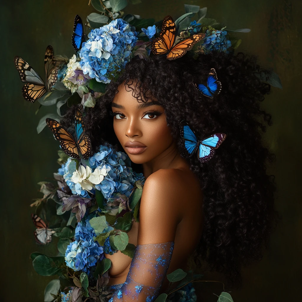 Confident black woman portrait with flowers and butterflies