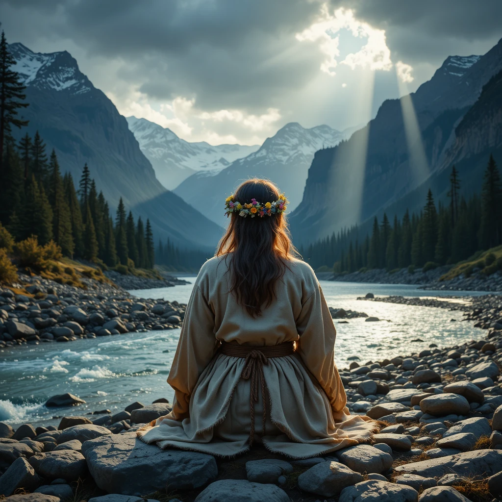 Figure on rocky riverbank facing misty alpine valley