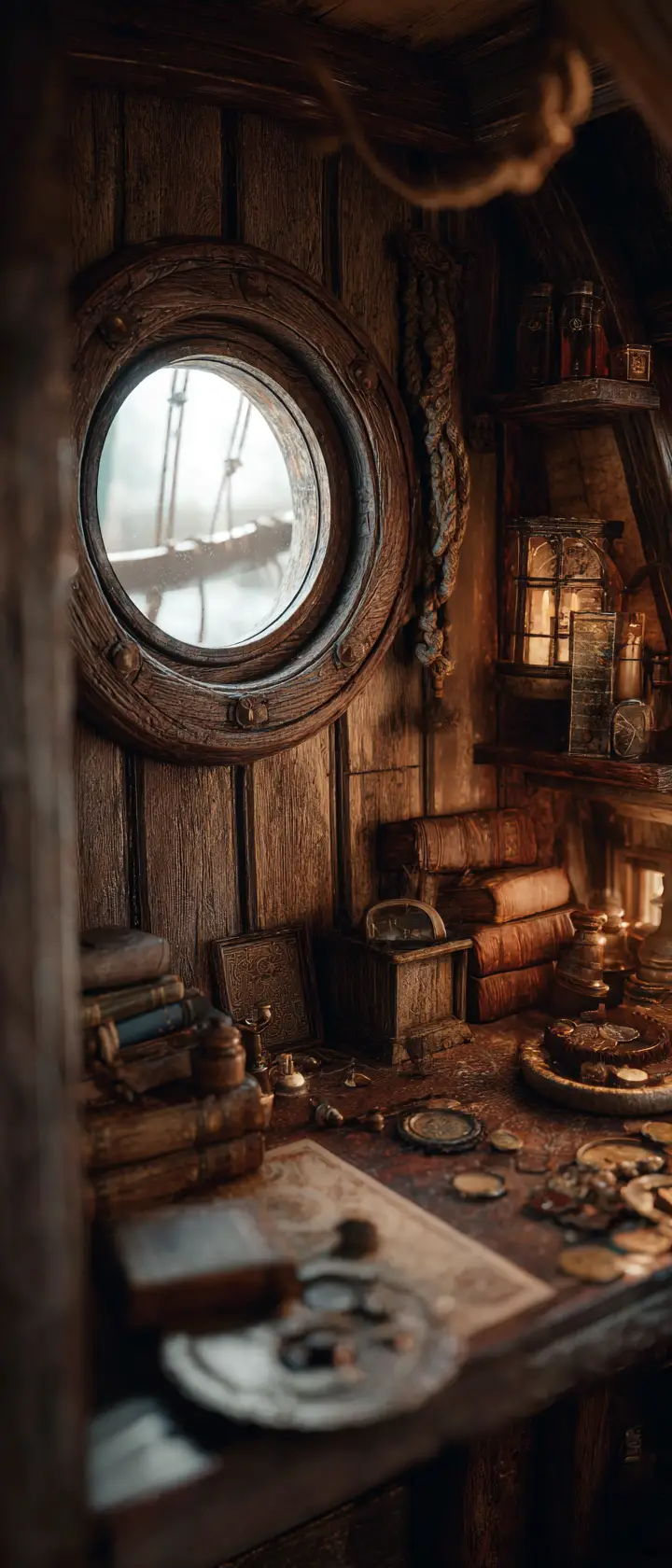 Cabine de navire pirate remplie de reliques poussiéreuses et de vieux tomes